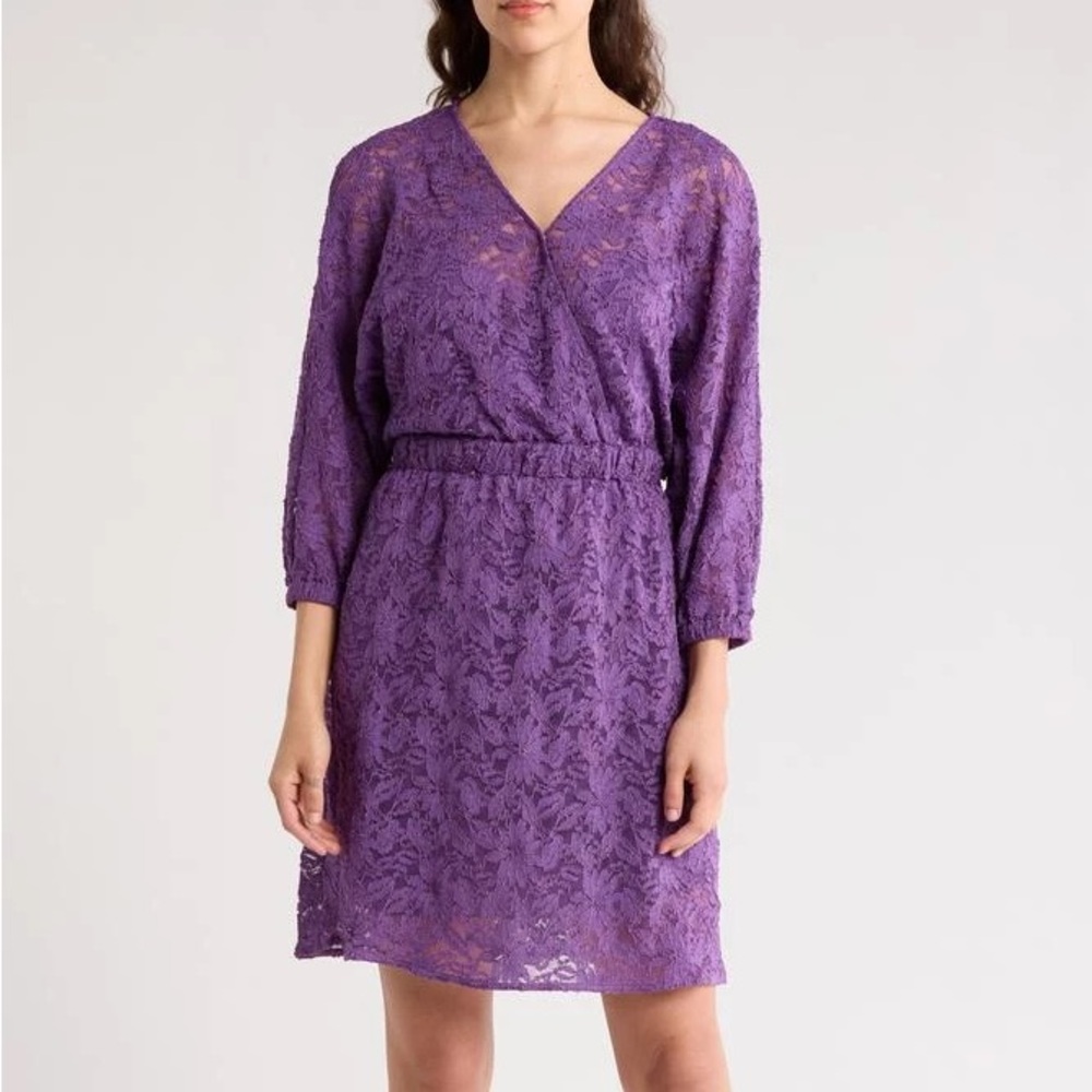 BOSS Women's Desdemona V-Neck 3/4-Sleeve Lace Dress in Purple, size XS NWT